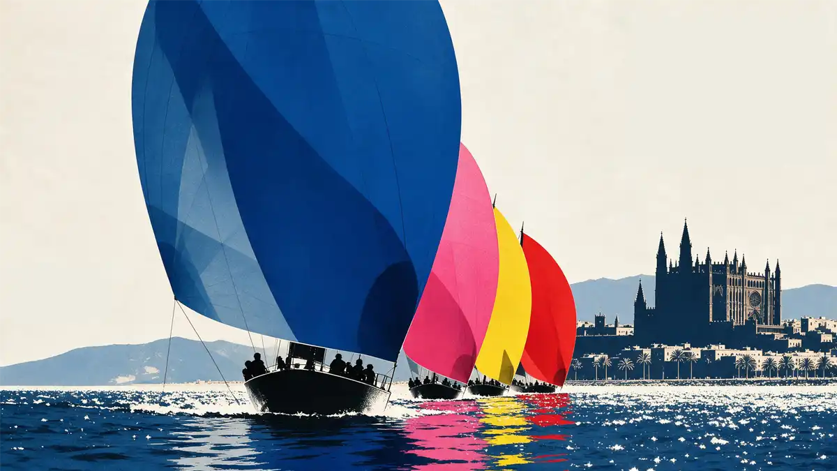 Regattaflotte mit bunten Spinnakern auf der Bucht von Palma, im Hintergrund die Silhouette der Kathedrale La Seu.