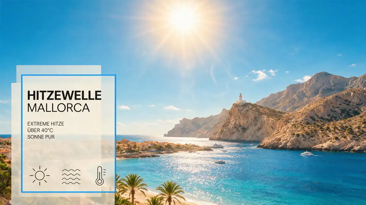 Sonnige Küstenlandschaft auf Mallorca mit Leuchtturm auf einer Felsformation über dem Meer. Links ist ein Textfeld eingeblendet mit den Worten: 'HITZEWELLE MALLORCA, EXTREME HITZE, ÜBER 40°C, SONNE PUR' sowie Symbolen für Sonne, Wellen und ein Thermometer.