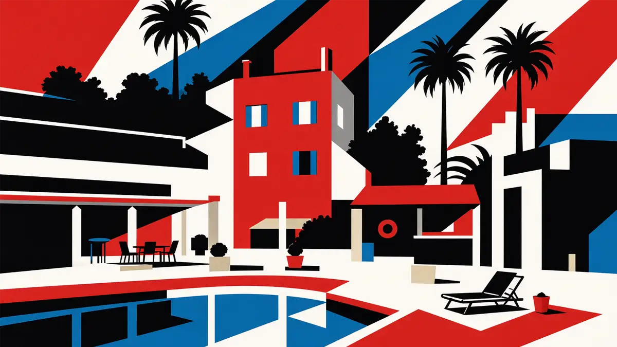 Moderne, grafische Illustration einer Küsten-Villa mit Swimmingpool, Palmen und Liegestühlen im Pop-Art-Stil, gestaltet in kräftigen Blockfarben Rot, Blau, Schwarz und Weiß.