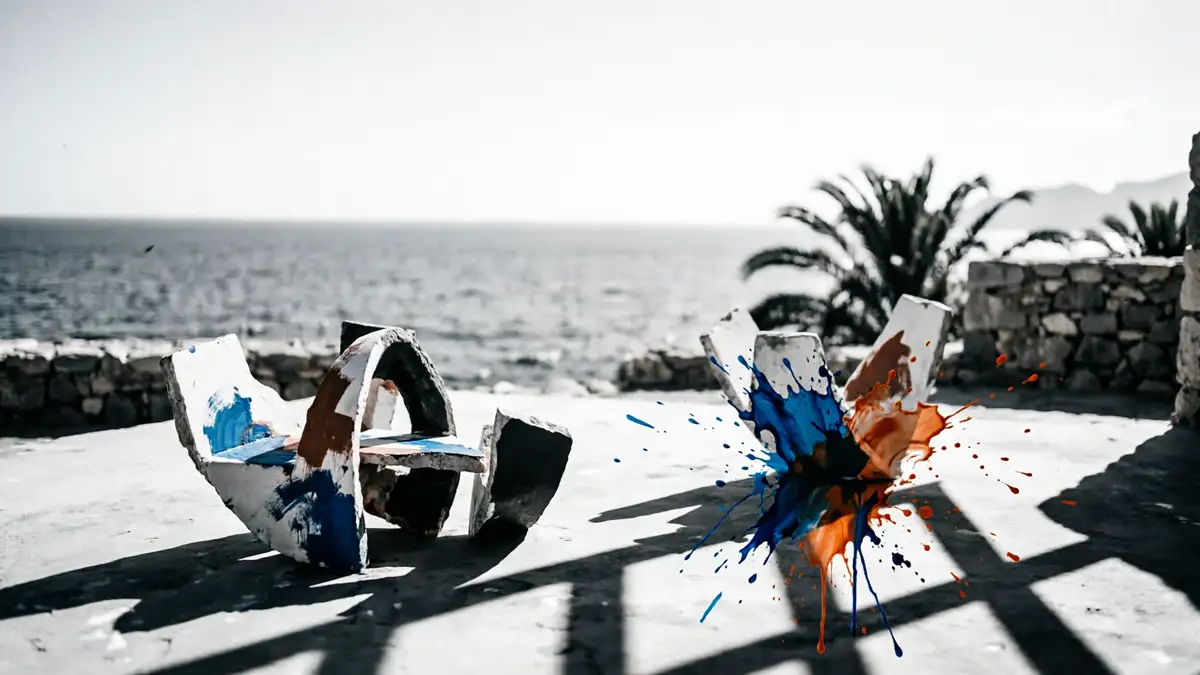 Zwei abstrakte Skulpturen auf einer Terrasse am Meer in Mallorca mit blauen und orangefarbenen Farbspritzern.