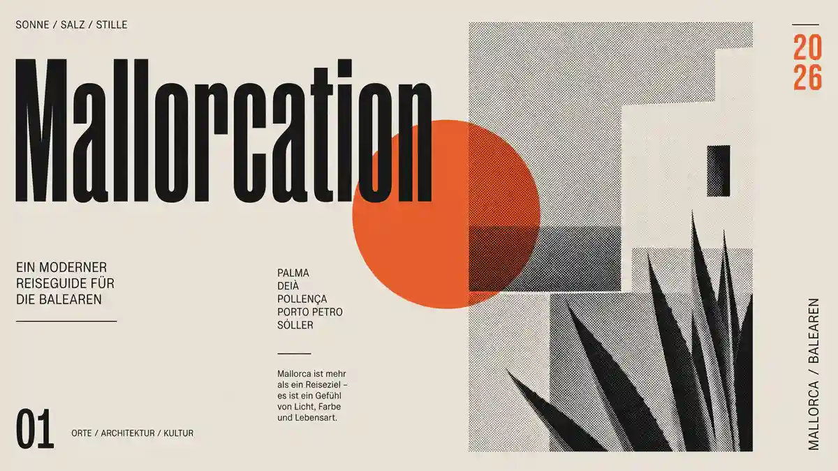 Ein moderner Reiseguide für Mallorca 2026 im stilvollen Grafikdesign mit roter Sonne Mallorcation logo und mediterraner Architektur.