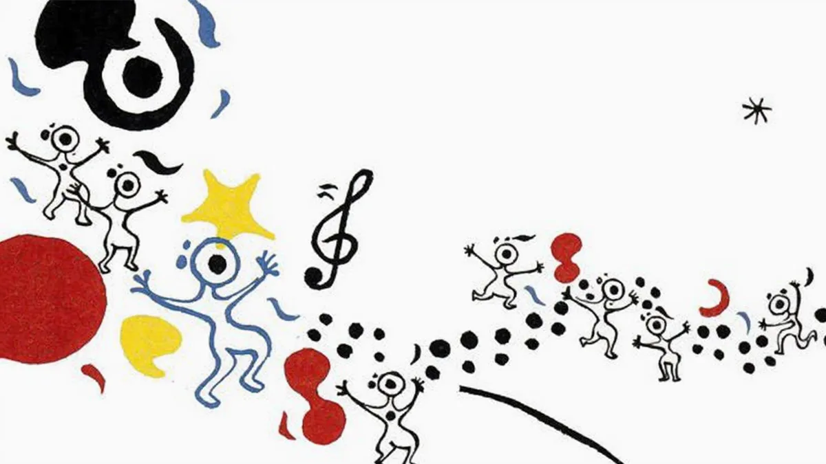 Surrealistische Illustration im Stil von Joan Miró mit tanzenden Strichfiguren, Notenschlüssel, Sternen und bunten Formen auf weißem Hintergrund.