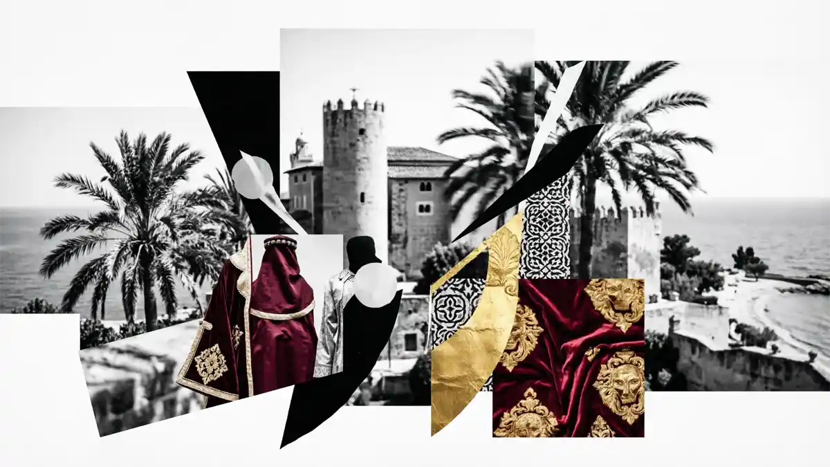 Künstlerische Schwarz-Weiß-Fotocollage zum Thema 'Royals aus Katar in Mallorca', die eine mediterrane Festungs- und Küstenlandschaft mit Palmen zeigt, überlagert von farbigen Elementen wie tiefrotem Samtstoff mit gold gestickten Löwenmotiven, traditionellen Gewändern, orientalischen Fliesenmustern und Blattgold-Akzenten.