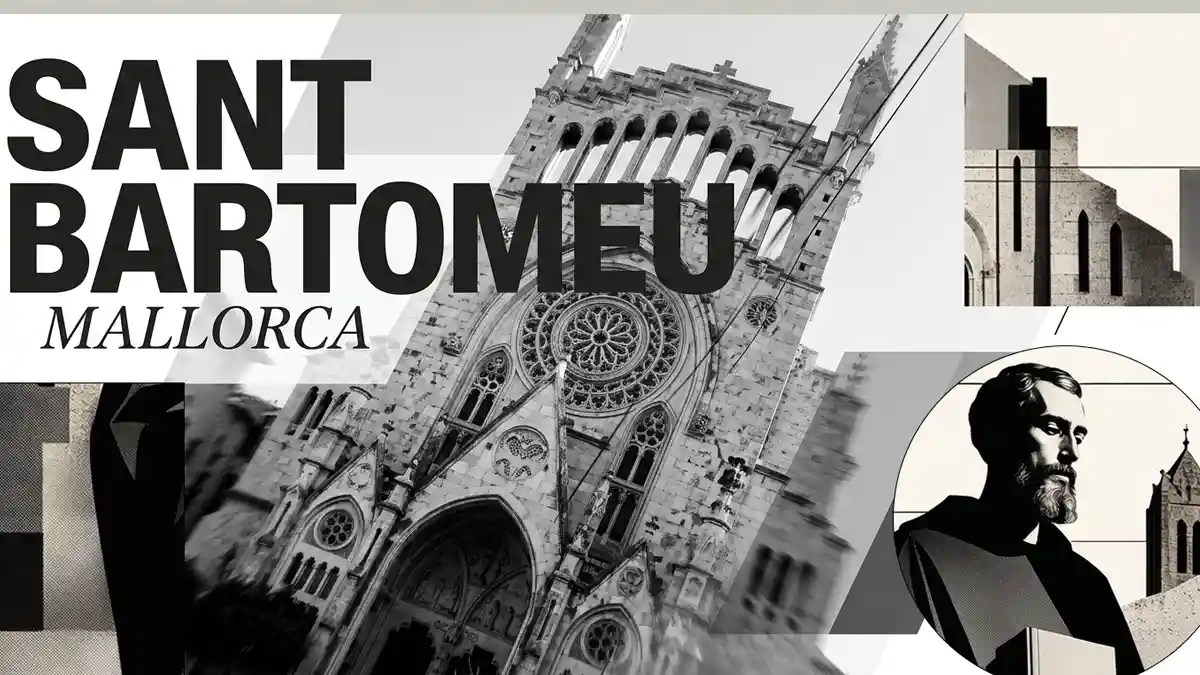 Graphische Schwarz-Weiß-Collage zur Kirche Sant Bartomeu auf Mallorca mit dem prominenten Schriftzug 'SANT BARTOMEU MALLORCA', der Fassade der gotischen Kirche im Zentrum sowie einer kreisförmigen Illustration eines Mannes mit Bart im Vordergrund.