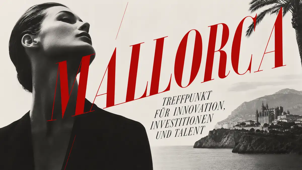 Schwarz-Weiß-Porträt einer eleganten Frau im Profil vor einer Küstenlandschaft mit der Kathedrale von Palma de Mallorca und der roten Aufschrift 'MALLORCA: Treffpunkt für Innovation, Investitionen und Talent'.